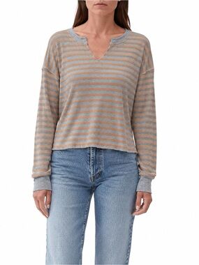 Michael Stars Striped Notch V-Neck Thermal Knit Top Gray Tan Women Size M